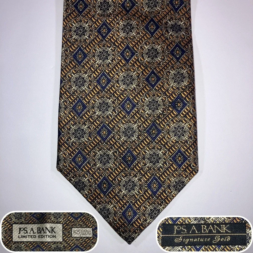 Jos A Bank Signature Gold Silk Tie Gold Blue Medallion Handmade in USA Ltd‎ Ed